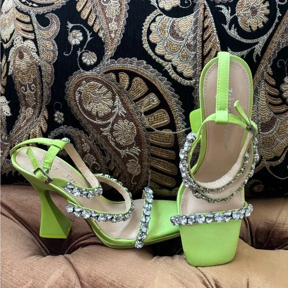 Bright Lime Crystal-Embellished High Heel Sandals by Betsey Johnson. - Picture 7 of 8